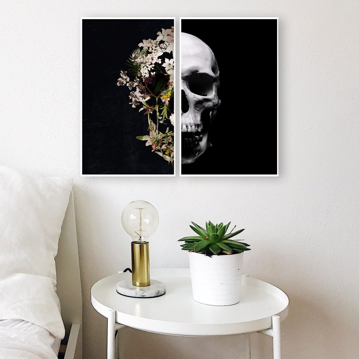 Set Of 2 Skull Print, Split Sugar Skull Art Print, Botanical Home Decor, Dark Flower Skull Wall Art Gift, Halloween Skull Artwork Poster Set