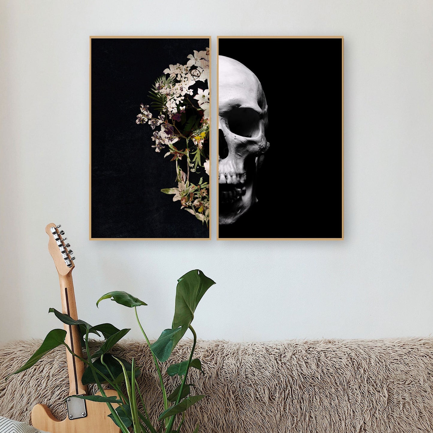 Set Of 2 Skull Print, Split Sugar Skull Art Print, Botanical Home Decor, Dark Flower Skull Wall Art Gift, Halloween Skull Artwork Poster Set